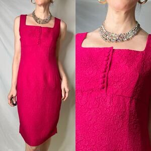 Vintage 100% silk embossed floral sheath dress midi pink red Liz Claiborne S